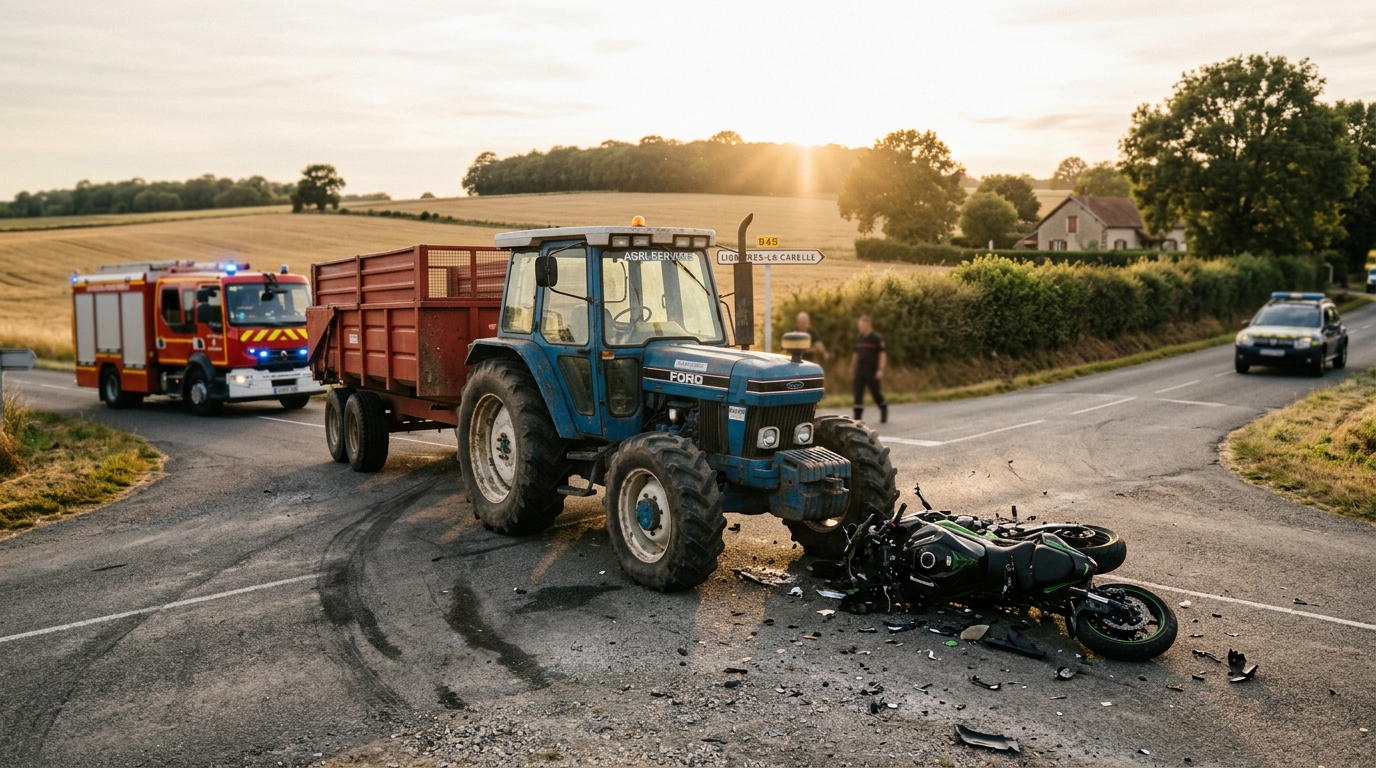 Croisement de route de campagne avec tracteur et moto