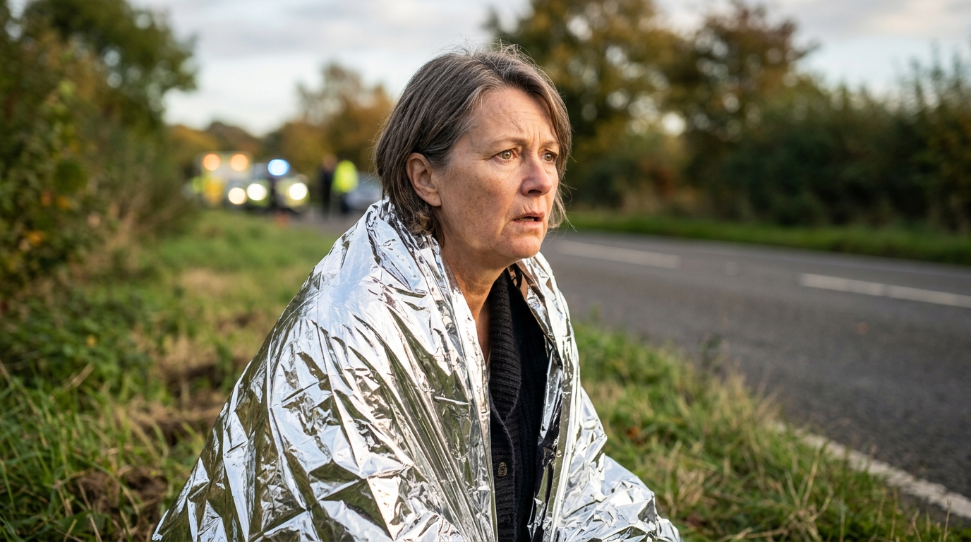 Femme choquée assise au bord d'une route de campagne