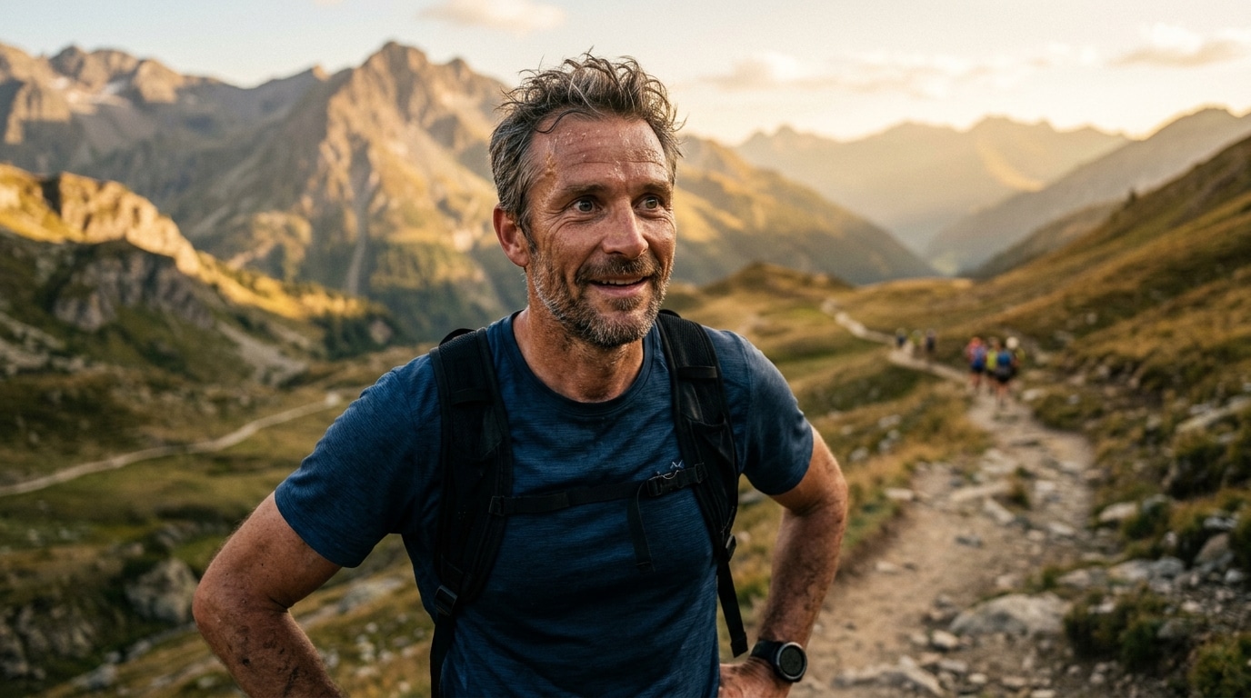 Coureur souriant sur sentier de montagne au lever du soleil