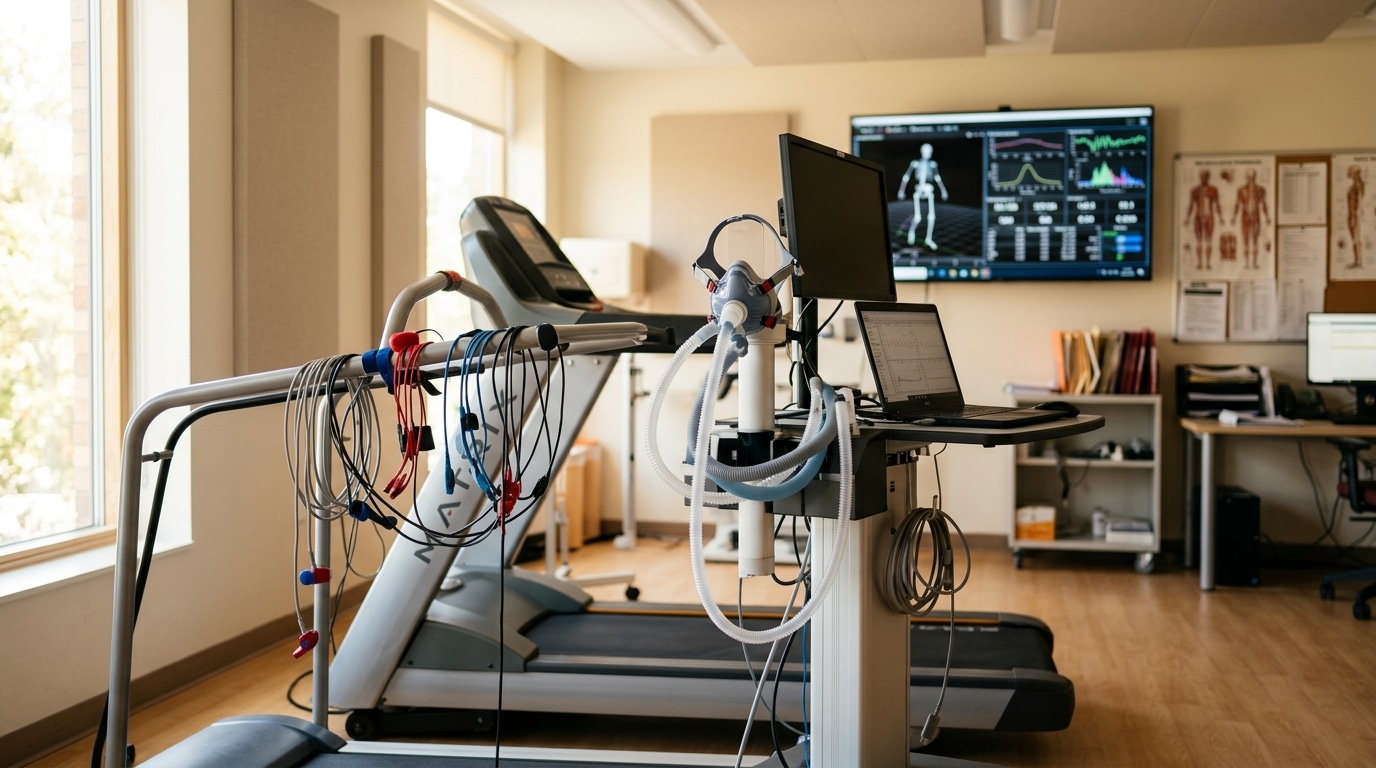 Salle de laboratoire avec tapis de course et capteurs médicaux