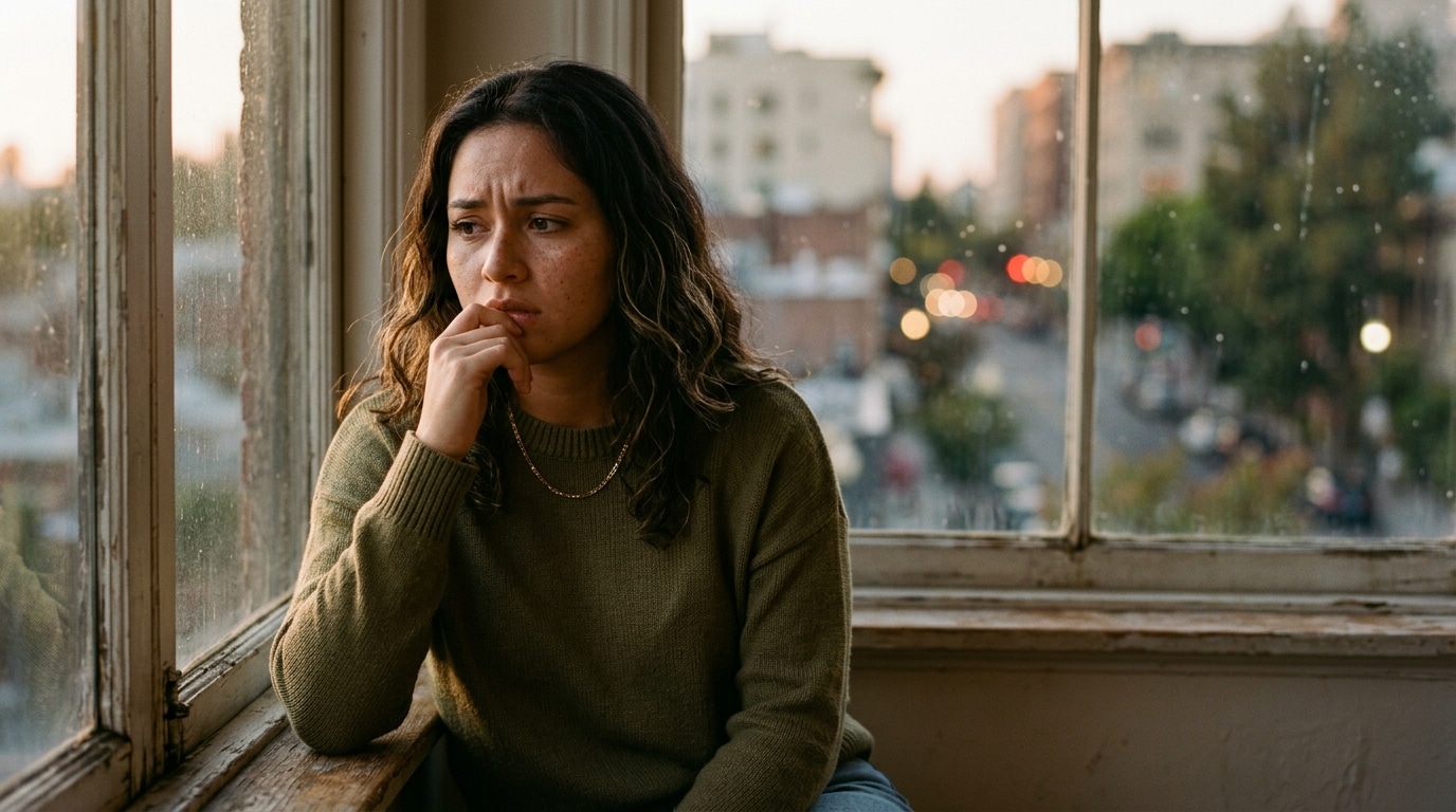 Jeune femme pensive assise près d'une fenêtre le soir