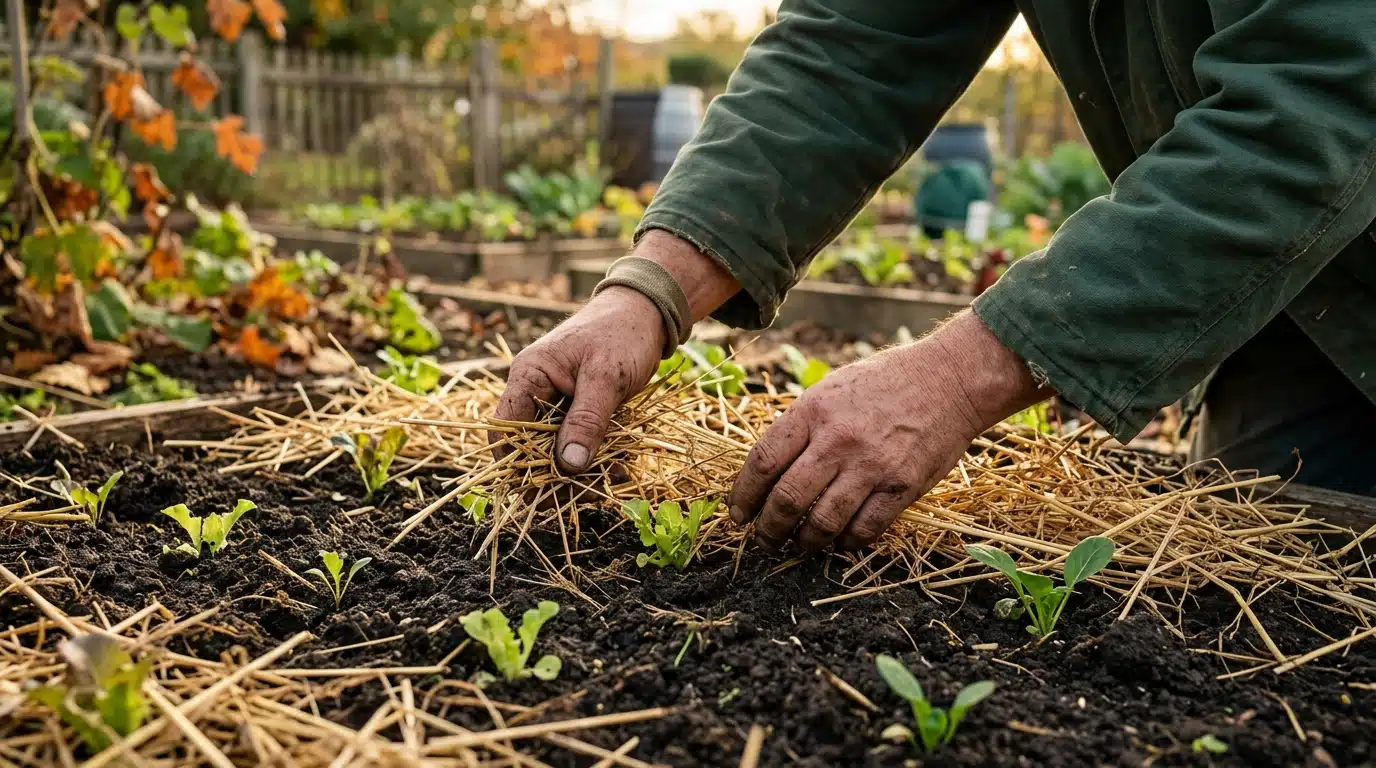 Mains protégeant de jeunes semis avec du paillage