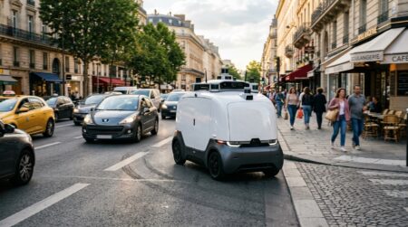 Robot de livraison autonome électrique roulant sur la chaussée