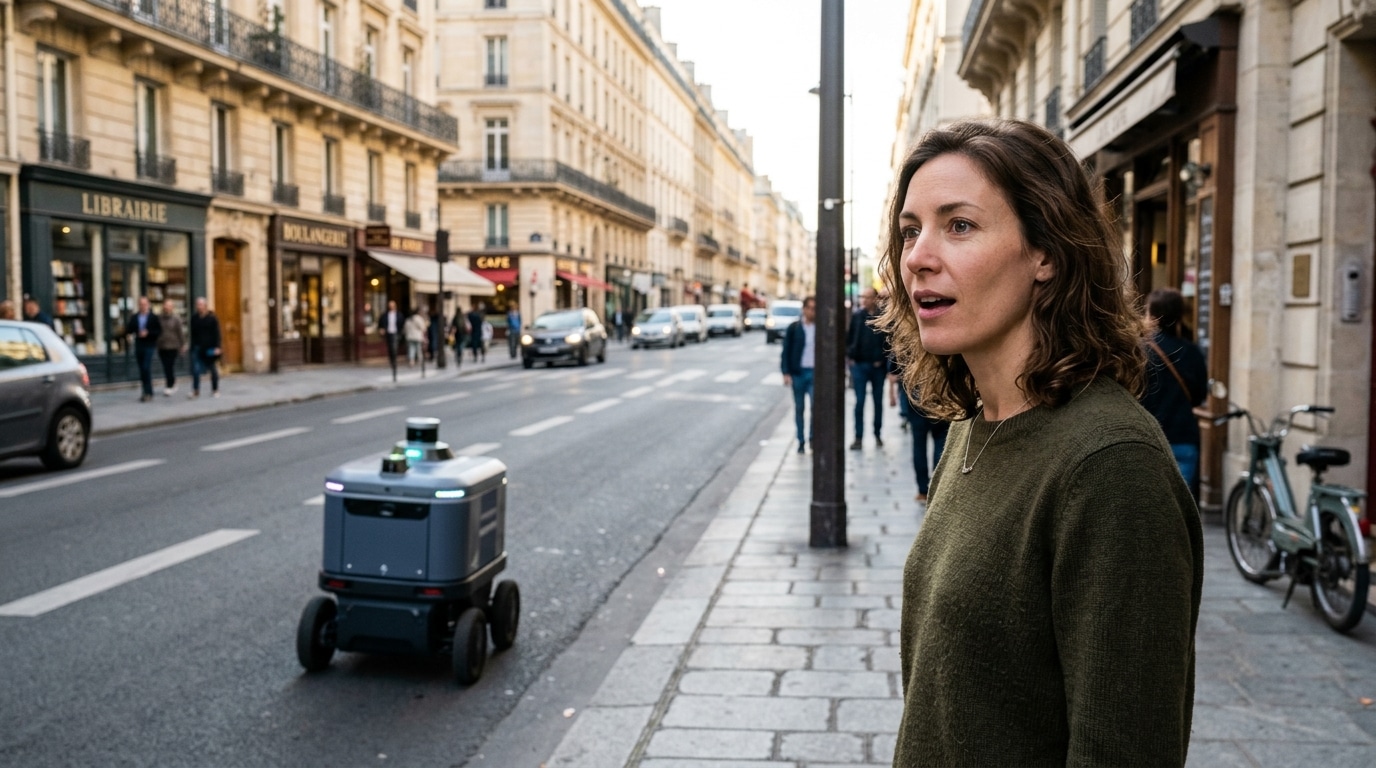 Passant observant avec surprise un robot livreur en ville