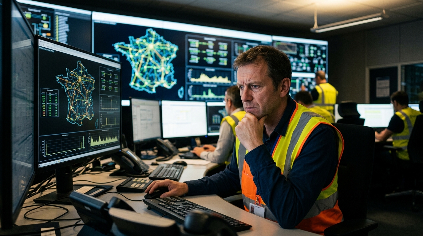 Technicien inquiet devant écrans de contrôle du réseau électrique