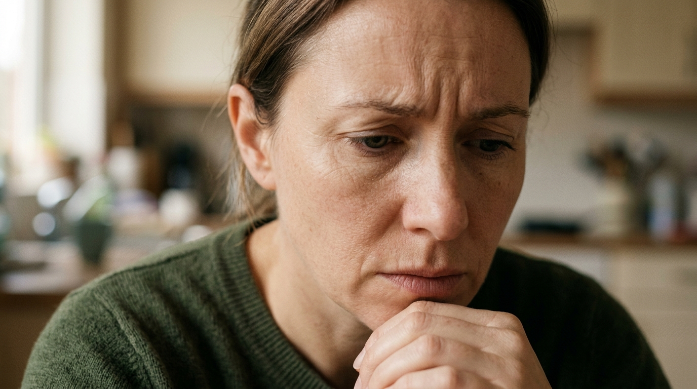 Visage inquiet d'une mère face au danger domestique