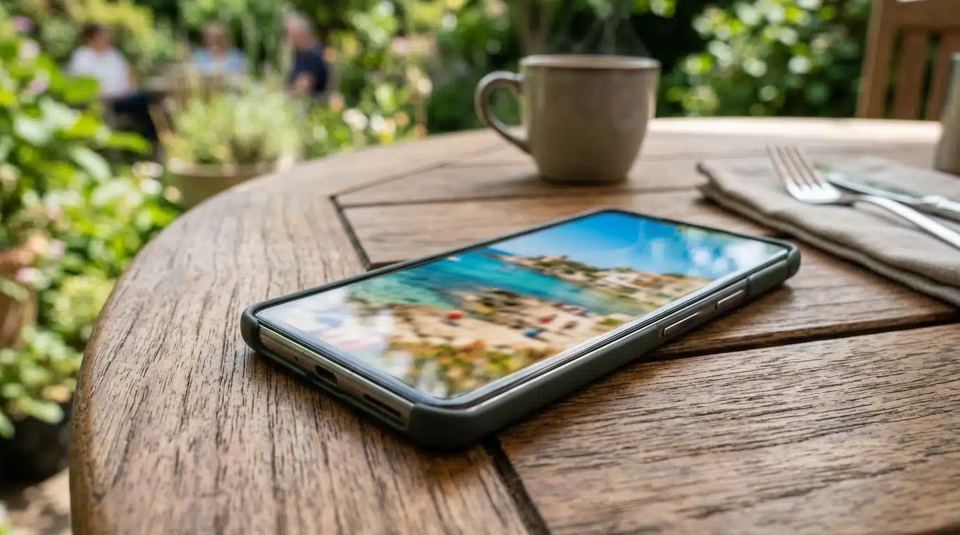 Smartphone affichant des photos de vacances floutées sur une table de jardin