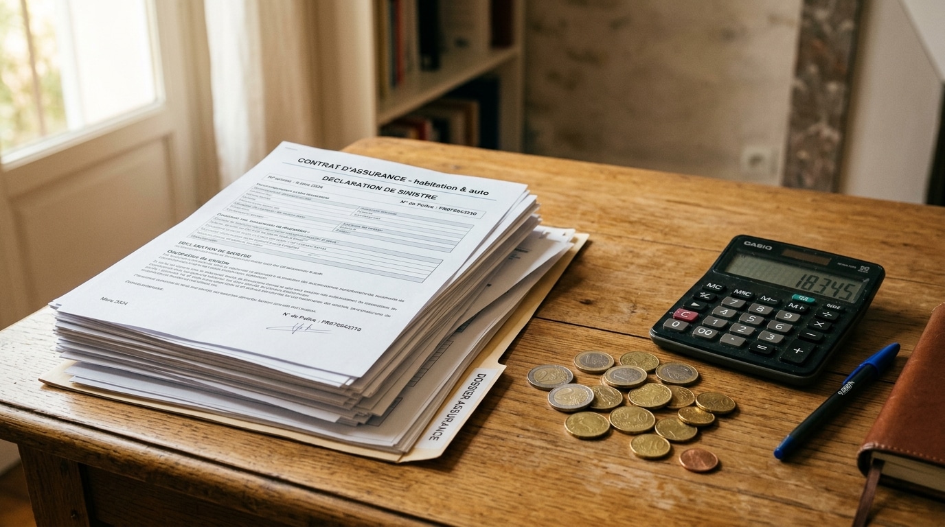 Documents d'assurance et pièces d'euros sur un bureau