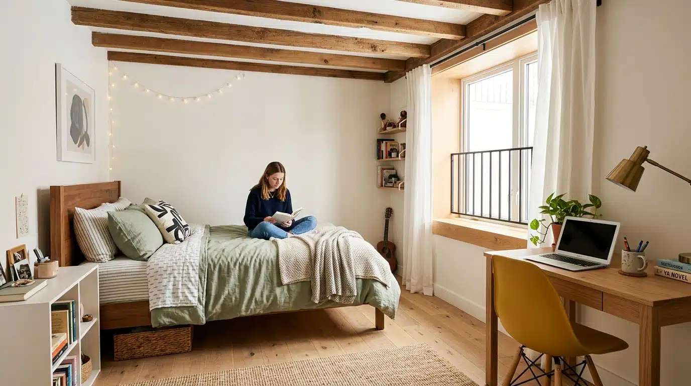 Chambre aménagée dans un sous-sol avec fenêtre agrandie