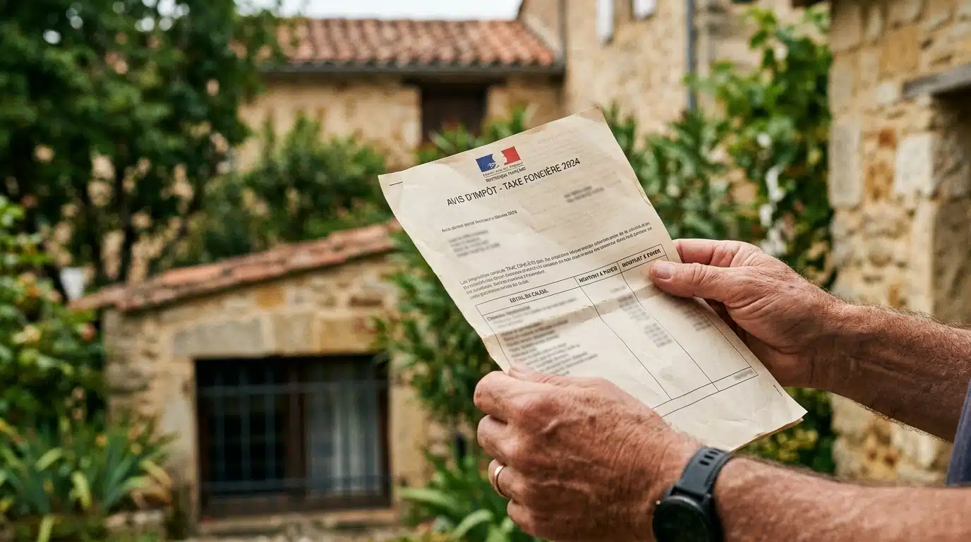 Main tenant un avis d'imposition devant une maison