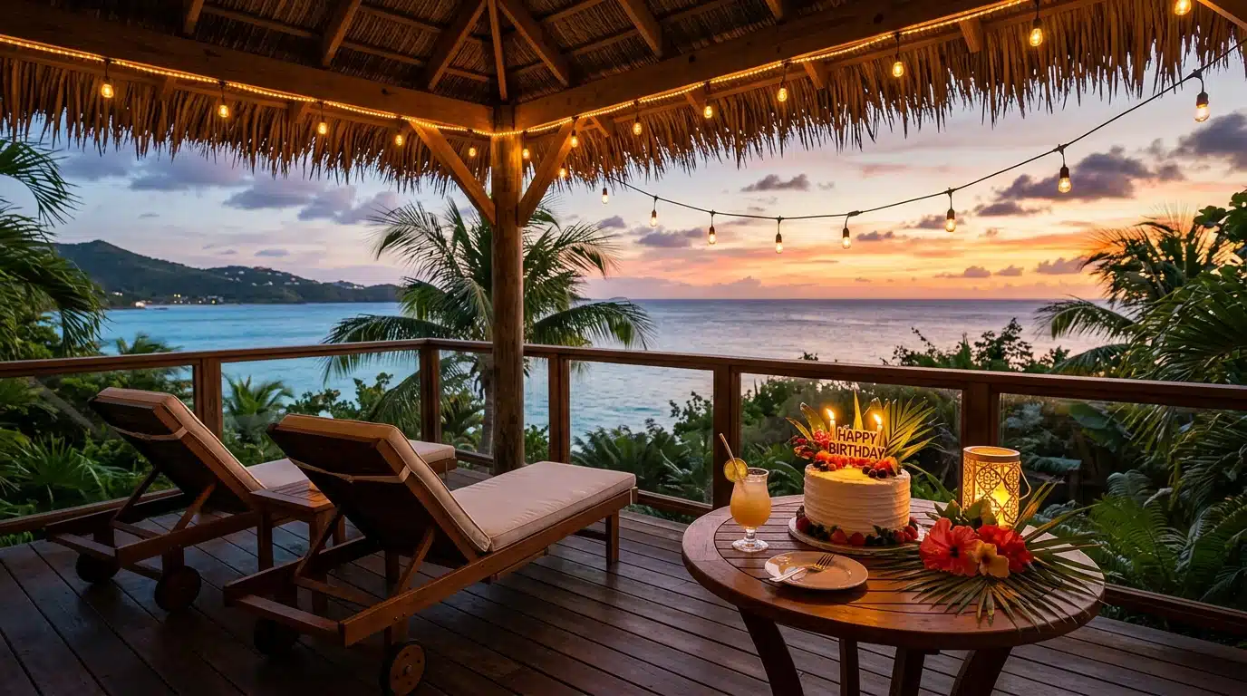 Terrasse de plage caribéenne décorée pour un anniversaire