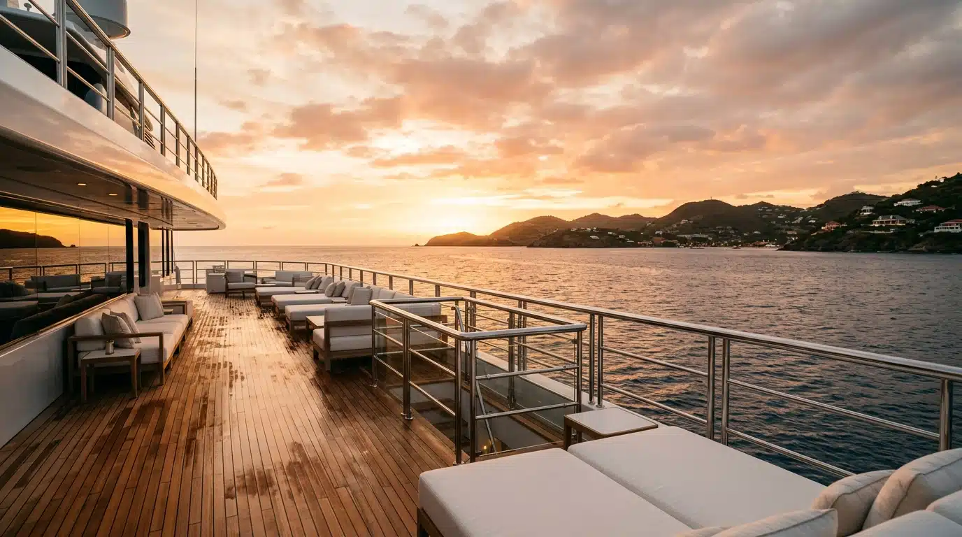 Pont de yacht au coucher du soleil face à l'océan