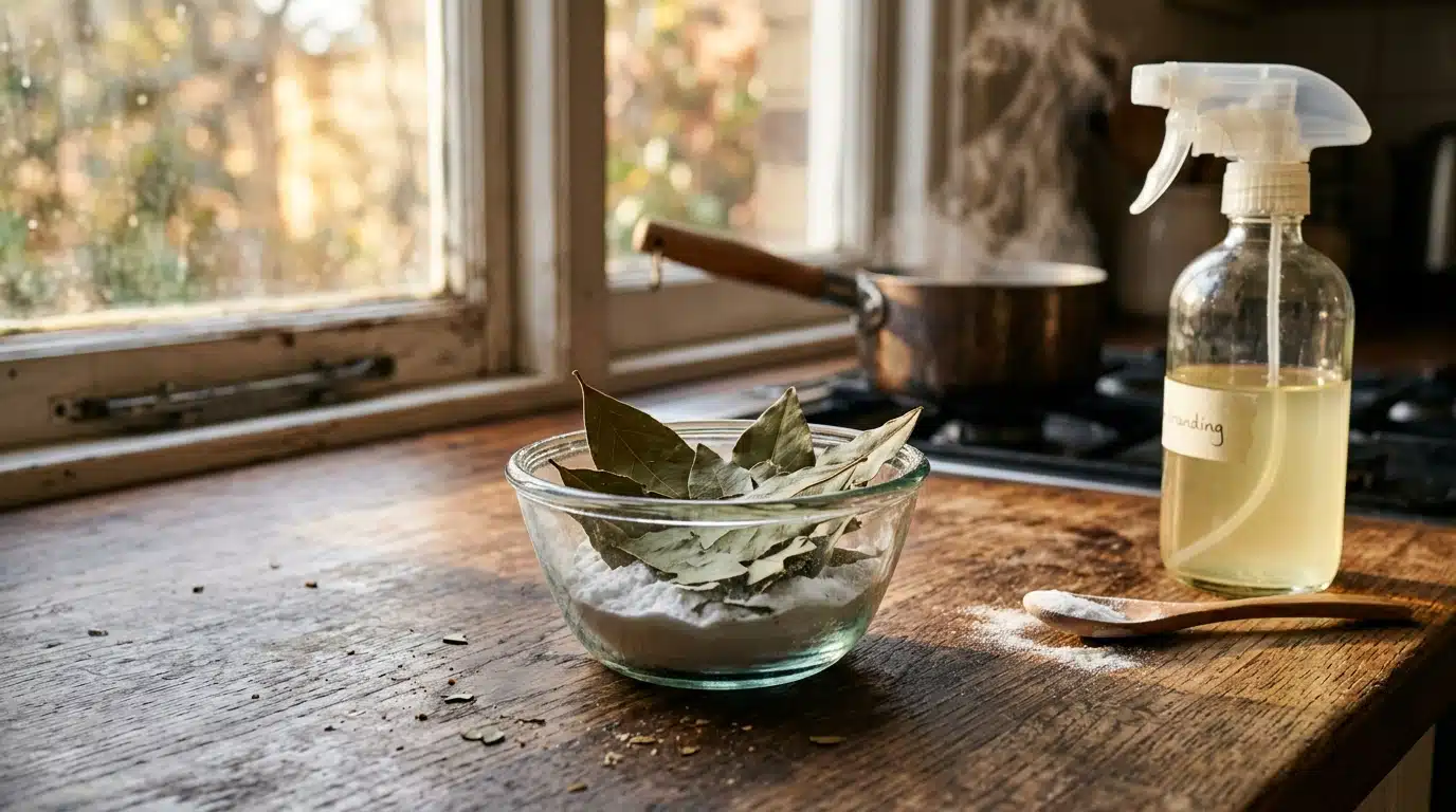 Feuilles de laurier et bicarbonate dans un bol en verre