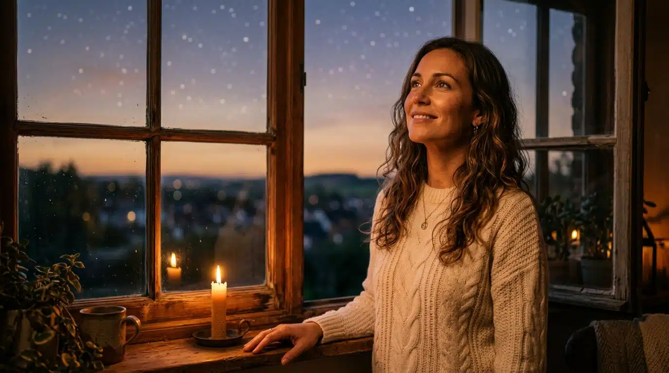 Femme sereine contemplant un ciel étoilé au crépuscule