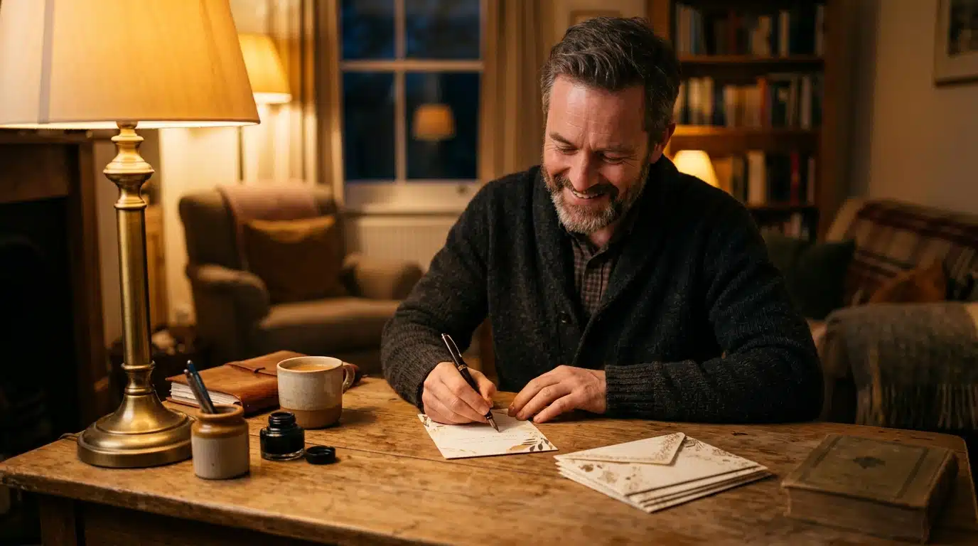 Homme souriant écrivant une invitation à la lueur dorée