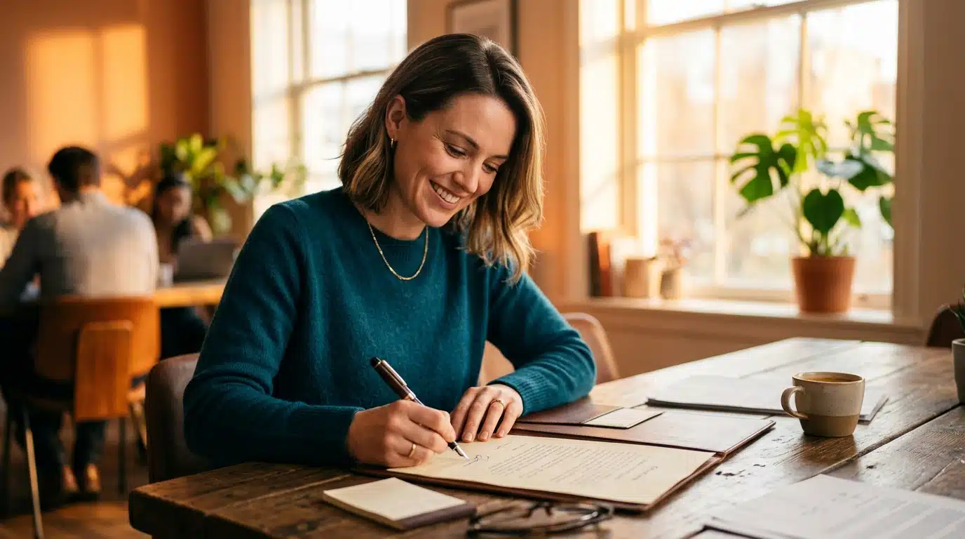 Femme signant un contrat sous une lumière chaleureuse