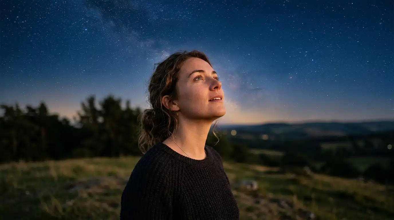 Personne contemplant un ciel étoilé au crépuscule