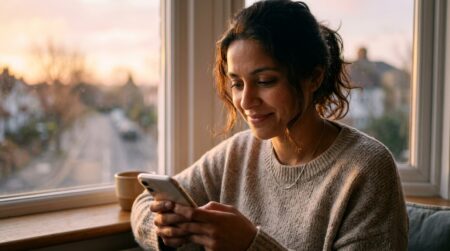 Femme souriante au lever du soleil près d'une fenêtre