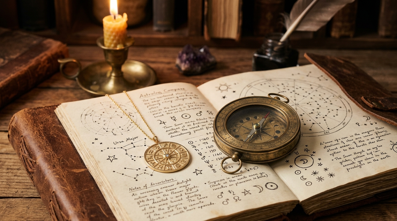 Boussole astrologique ancienne posée sur un carnet ouvert