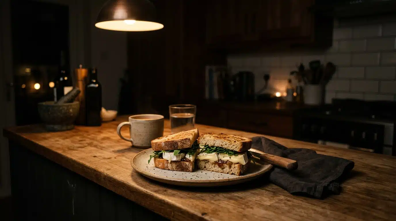 Sandwich au camembert sur un plan de cuisine la nuit