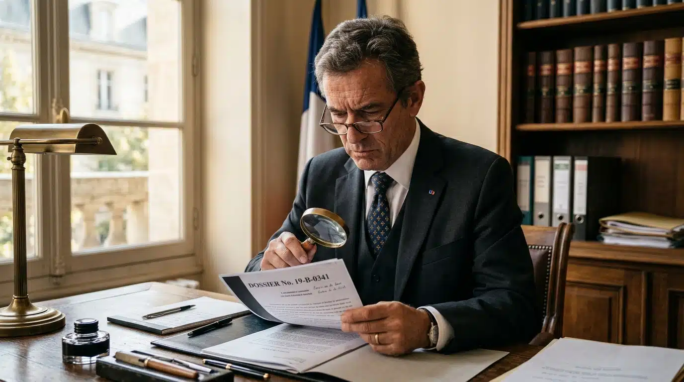 Homme examinant un dossier judiciaire à son bureau