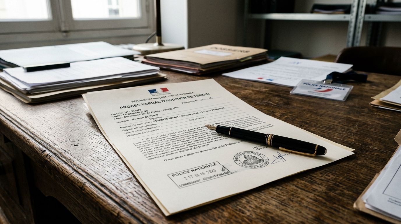 Document juridique et stylo sur un bureau de police