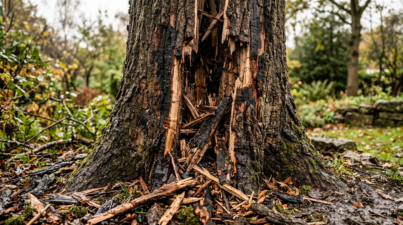Tronc d'arbre fendu après un impact de foudre