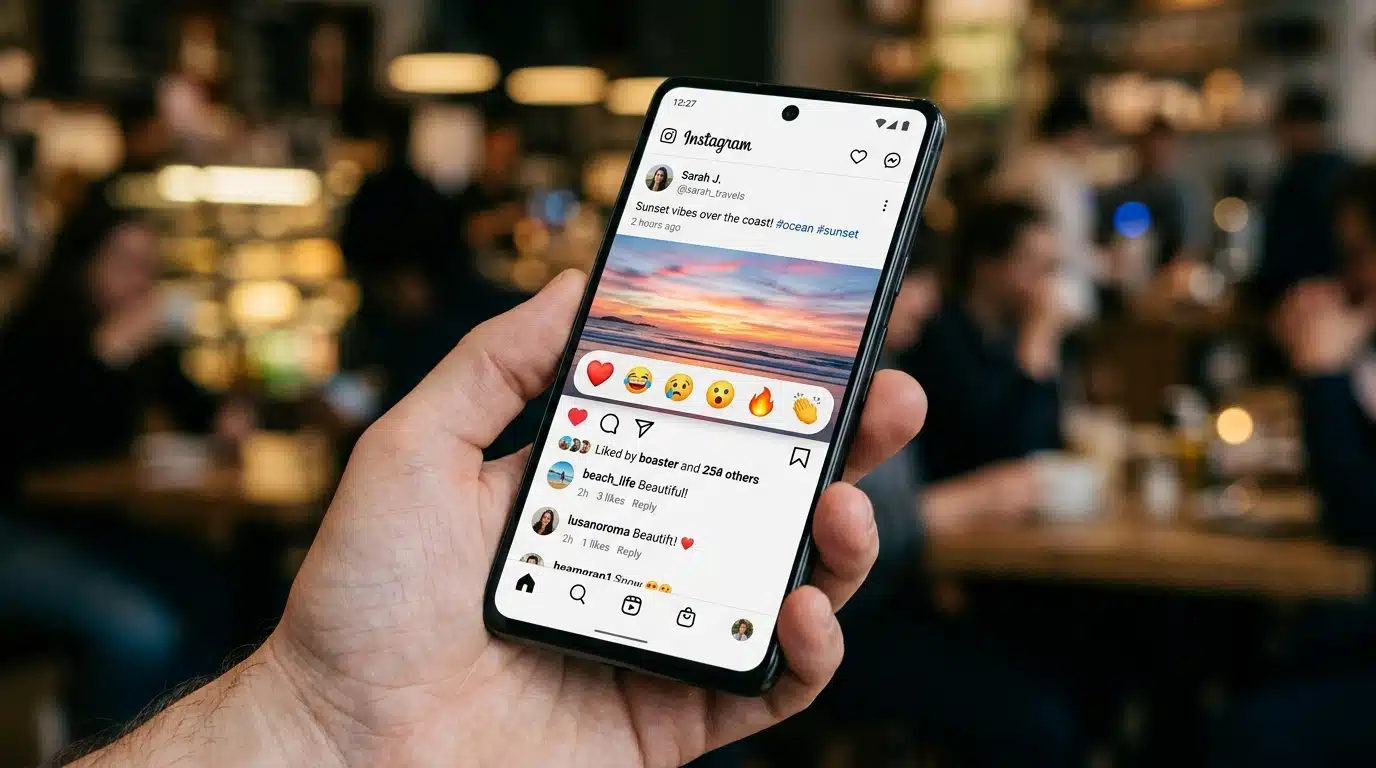 Écran de smartphone affichant un fil de réactions sur les réseaux sociaux