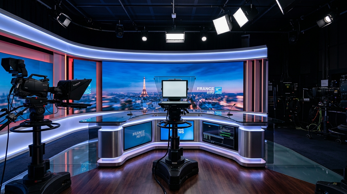 Plateau de journal télévisé vide au crépuscule