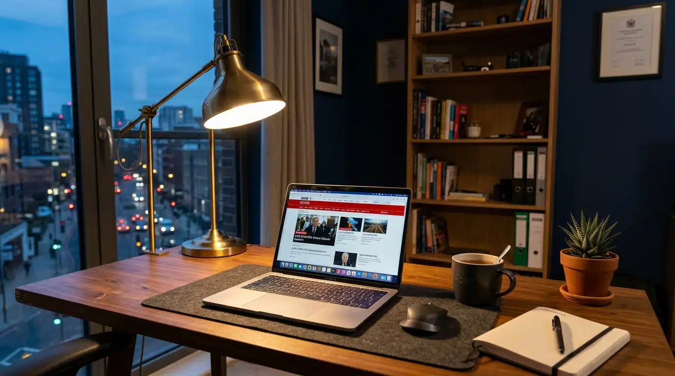Bureau avec ordinateur portable affichant un site d'actualités, ambiance feutrée