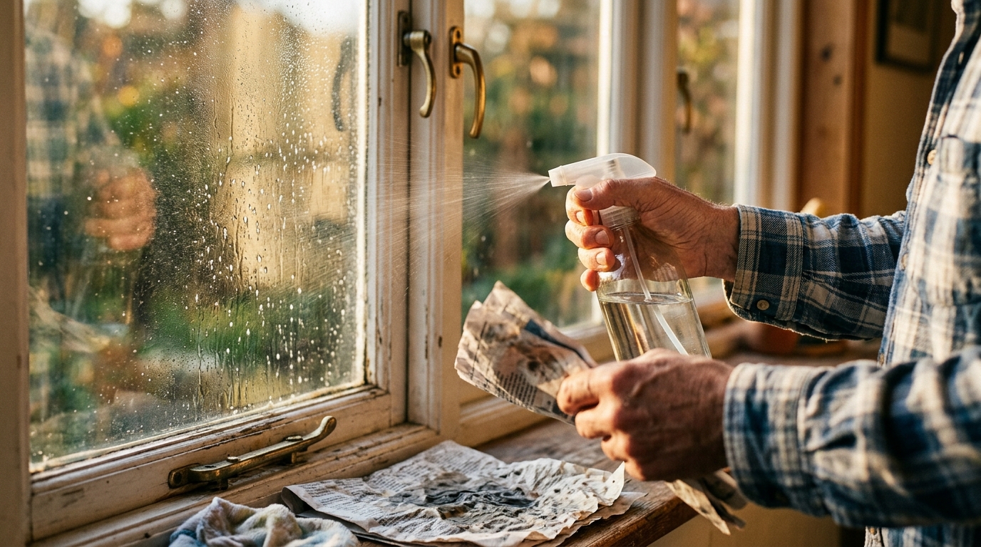 Vaporisation de vinaigre blanc sur une fenêtre