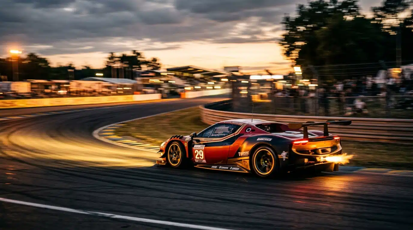 Ferrari GT3 en pleine vitesse sur circuit d'endurance