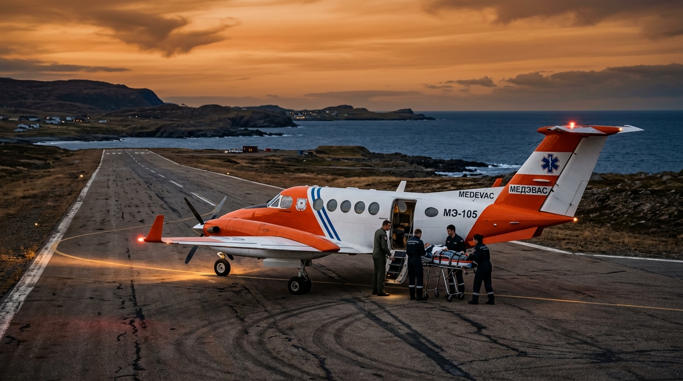 Avion des garde-côtes sur une piste d'îlot au coucher du soleil