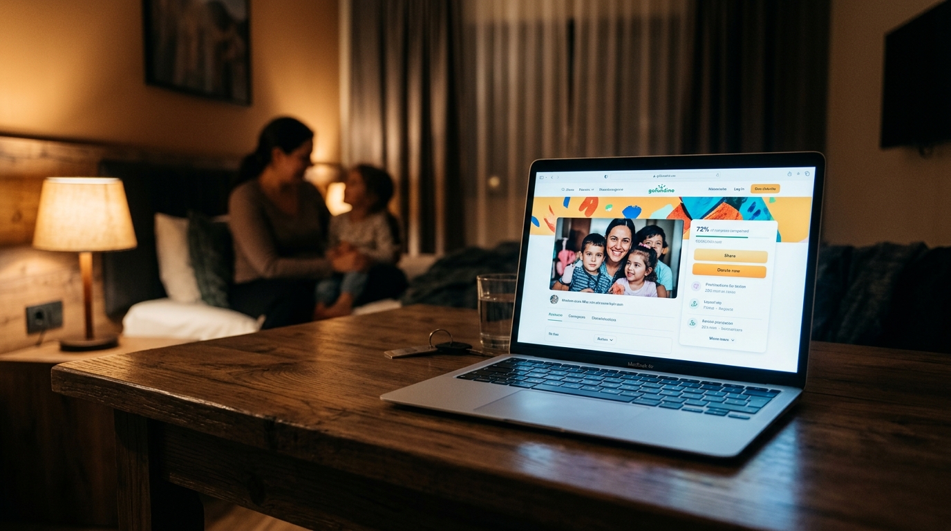 Ambiance chaleureuse d'une chambre d'hôtel avec ordinateur allumé