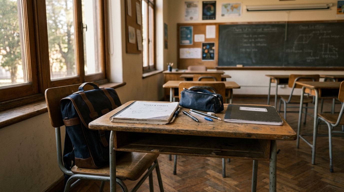 Fournitures scolaires (cahiers, stylos, cartable) posées sur un bureau vide
