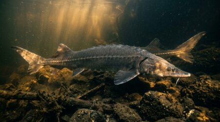 Immense esturgeon nageant dans une rivière sombre