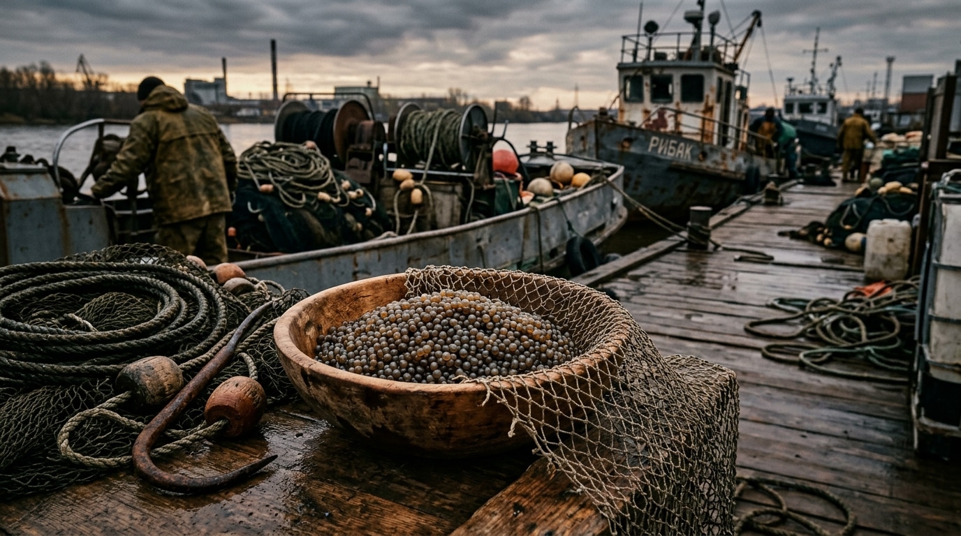 Œufs de caviar et filets de pêche au bord d'une rivière