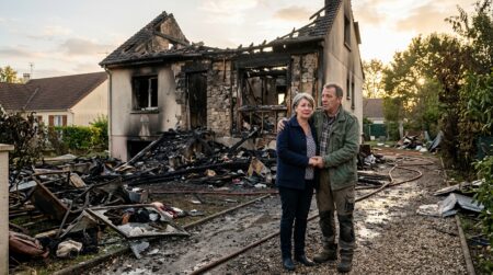 Habitants face à leur maison brûlée au Porge