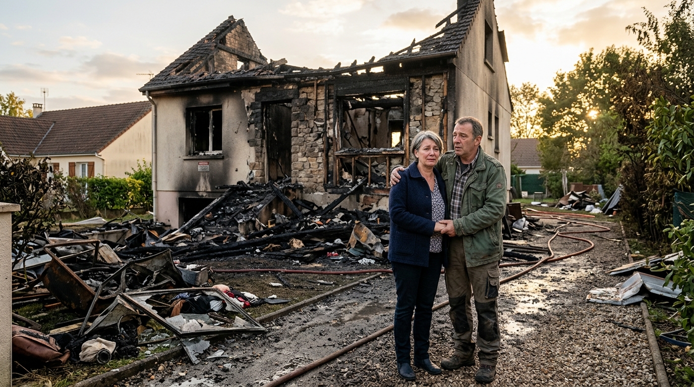 Habitants face à leur maison brûlée au Porge