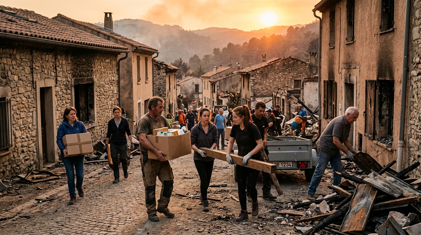Voisins s'entraidant pour déblayer après l'incendie