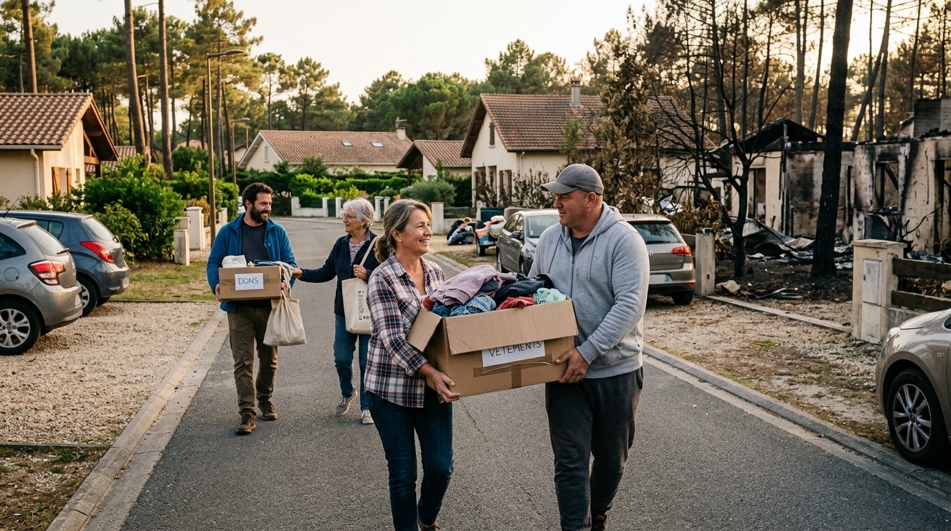 Voisins solidaires distribuant des dons dans une rue du Porge