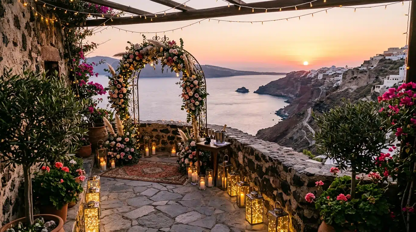 Décor de demande en mariage sur une île au coucher du soleil