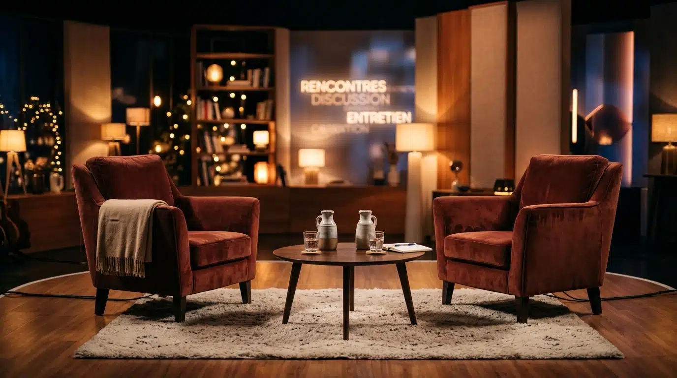 Plateau télé vide en lumière chaude pour interview intime