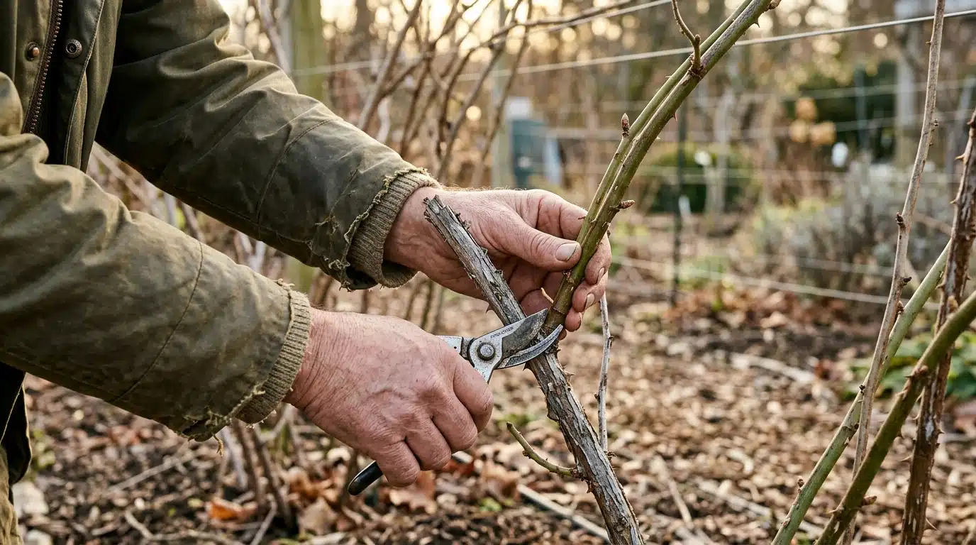 Mains coupant une canne de framboisier au sécateur