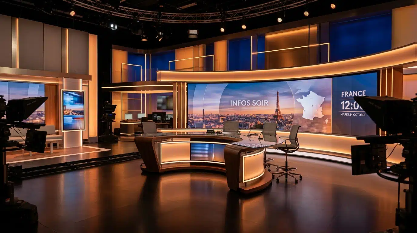 Plateau de journal télévisé vide aux couleurs chaudes du 20 heures