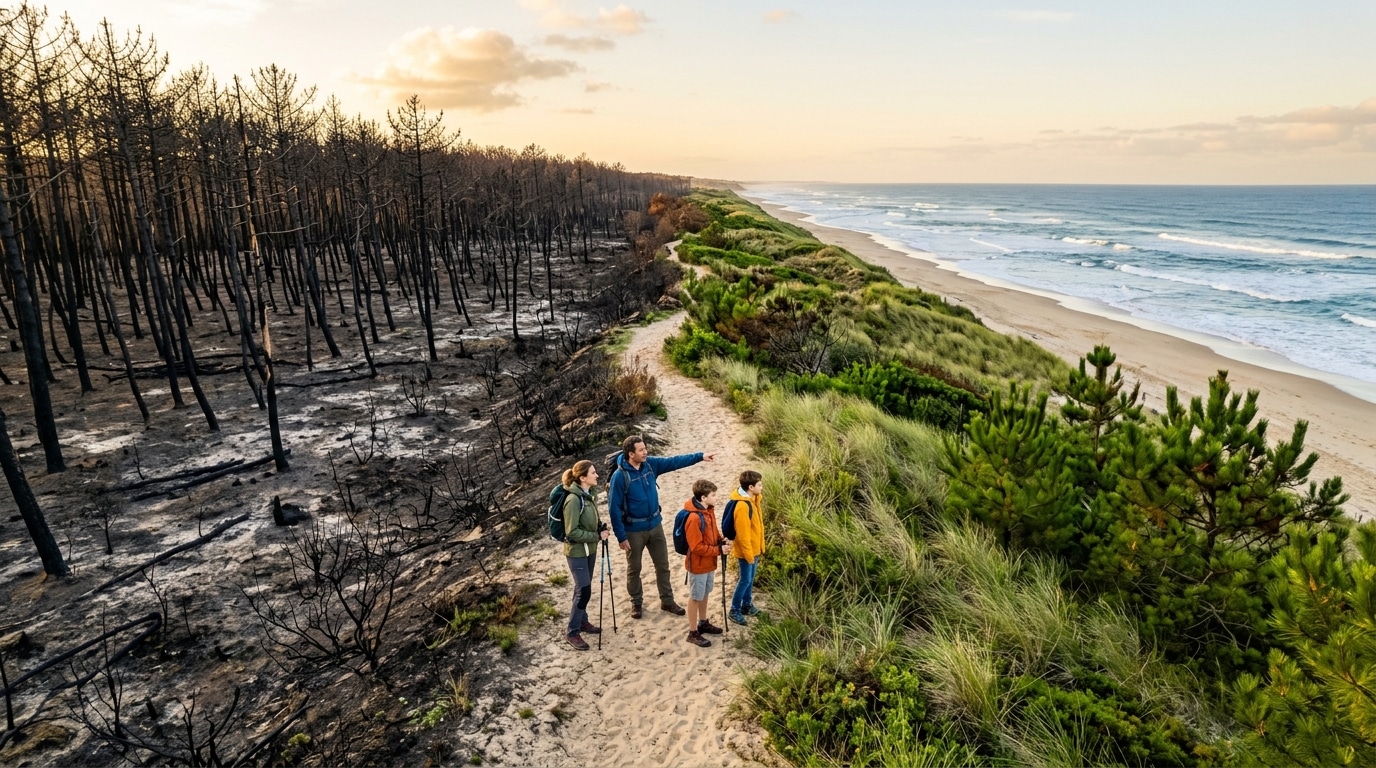 Forêt brûlée à côté de dunes intactes sur le Bassin