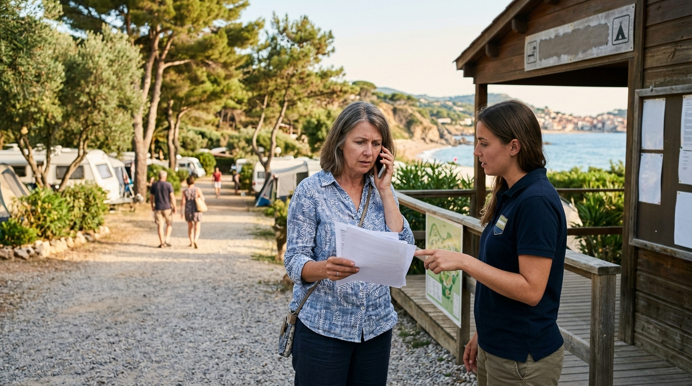Vacancière se renseignant à l'accueil d'un camping