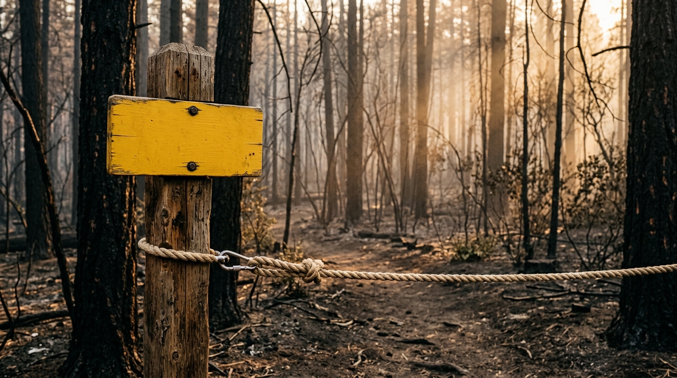 Sentier forestier fermé après le passage du feu