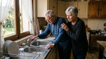 Couple âgé inquiet vérifiant l'eau du robinet chez eux