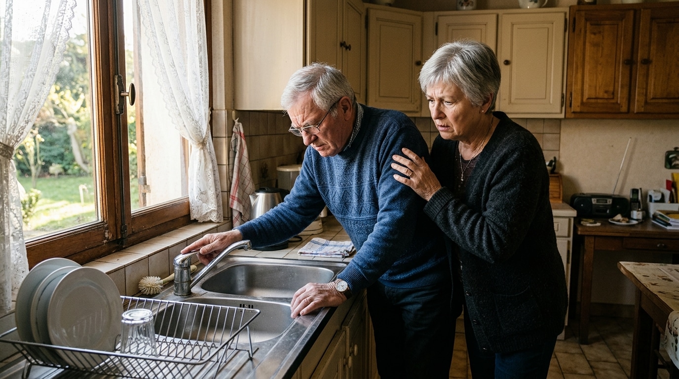 Couple âgé inquiet vérifiant l'eau du robinet chez eux